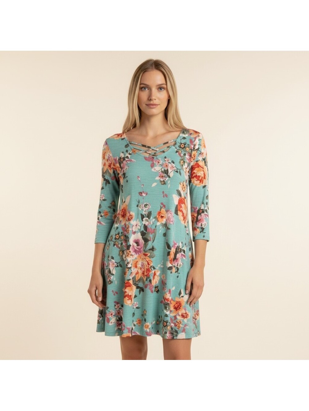 Honeyme Dress Women S Small Blue Floral Shift Short 3/4 Sleeve Stretch Casual